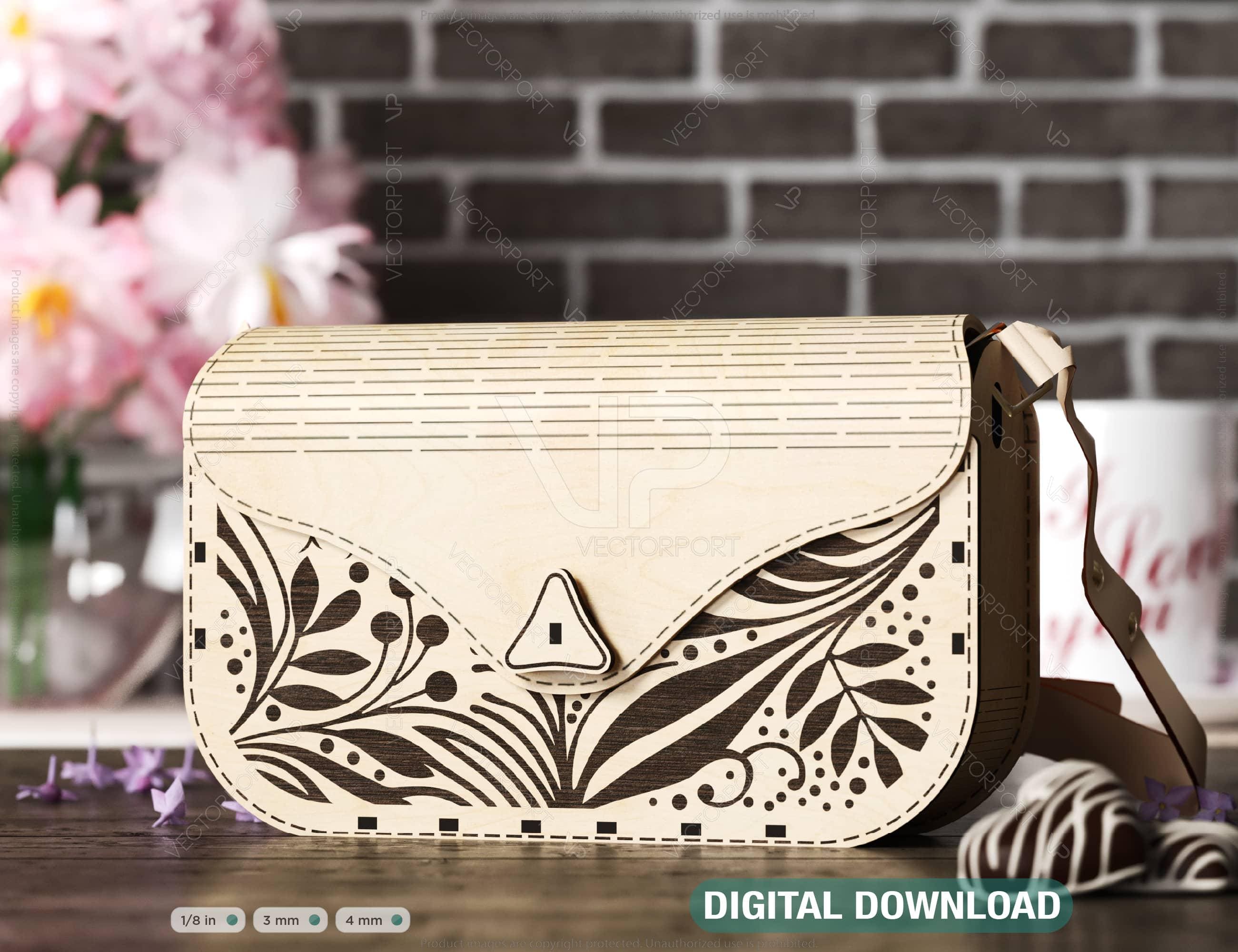 Elegant Wooden Purse with Floral Pattern, Laser Cut Fashion Clutch, wooden Bag, Handbag Digital Download SVG |#502|