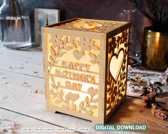 Elegant Mother's Day Laser-Cut Lantern – A Heartfelt Tribute in Light Blossoms & Heart Scene Laser Cutting Digital Download |#564|