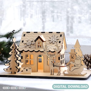 Casa a tema natalizio: casa in miniatura del paese delle meraviglie invernale con renne, pupazzo di neve, albero di Capodanno - scena innevata tagliata al laser, download digitale /#459/