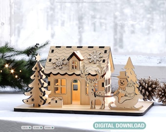 May include: A wooden Christmas house with a lit window, a reindeer pulling a sleigh with Santa and a snowman, and two pine trees. The house is decorated with snowflakes and a wreath. The scene is set on a wooden base with the words "DIGITAL DOWNLOAD" printed on the bottom.