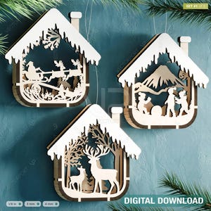 Adornos navideños 3D con forma de casa, tema de Año Nuevo, adornos para árboles, adornos artesanales para colgar, adornos con escena nevada, corte láser, descarga digital /#513/