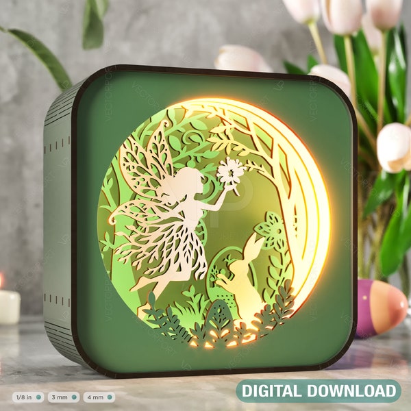 Easter Magic: Square Table Lamp with Bunny and Fairy Silhouettes - LED Illumination Night Lamp Digital Download |#377|