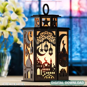 Lanterne du Ramadan : motif croissant de lune et étoile découpés au laser - décoration d'intérieur minimaliste, vecteur élégant pour la découpe laser, téléchargement numérique |#556|