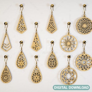 Eleganckie geometryczne kolczyki, dekoracyjna biżuteria rzemieślnicza, wisiorki, zestaw, cięte laserowo pliki, pliki cięte Glowforge, pobieranie cyfrowe |#006|
