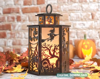 May include: A wooden Halloween lantern with a witch flying on a broomstick, a spooky tree, a tombstone with the inscription "RIP", and a haunted house. The lantern is lit from within, casting a warm glow.