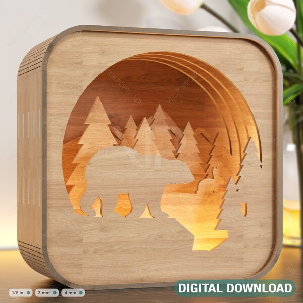 Wooden Night Lamp Bear Forest Scene Multilayer Shadowbox Laser Cut Lampshade Table Lamp Digital Download |#111|