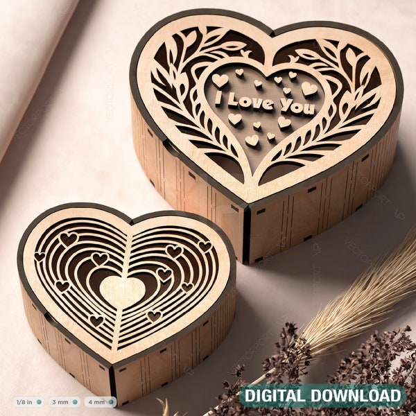 Caja de regalo de madera cortada con láser en forma de corazón para el Día de San Valentín, Caja de joyería, Caja de boda romántica Descarga digital /#364/