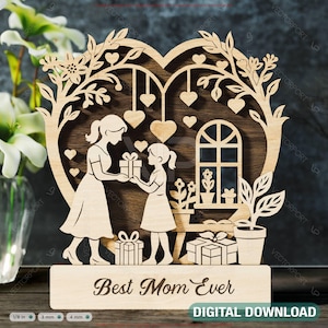 Muttertag 3D Laser geschnitten Holzszene - Mutter und Tochter | Sohn Herz Rahmen Geschenk Display - Stehend Geschichtet SVG Digitaler Download |#586|