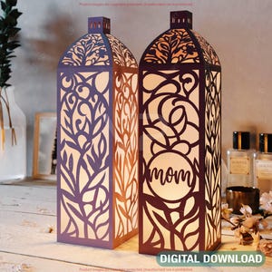 Elegante linterna para el Día de la Madre cortada en papel: un sentido homenaje con flores de luz y escena de corazón. Descarga digital cortada con láser /#563/