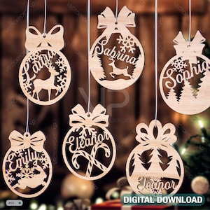 Decorazioni personalizzate per l'albero di palline di Natale con ciondoli artigianali con nome, palline appese, modelli artistici in carta, file tagliato, download digitale /#097/