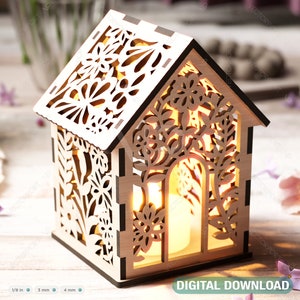 Bloemen houten 3D huisvorm lantaarn: theelichthouder nachtlampje digitale download |#427|