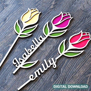 Tulp bloem laser uitgesneden kunst Valentijnsdag acryl hout gepersonaliseerde bloem met naam bewerkbare gesneden bestanden digitale download |#162|