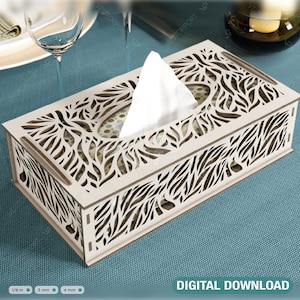 Scatola di tessuto tagliato al laser con foglie decorative Copri tovagliolo in legno da tavolo Glowforge SVG Download digitale /#125/