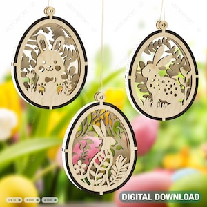 3D Easter Laser Cut Hanging Ornaments Egg Rabbits SVG layered Decor, Floral Bunny multilayer Digital Download |#346|