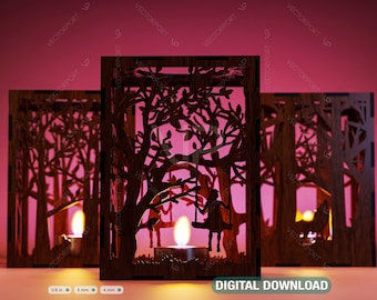 Tree Candle Holder Laser Cut with Animals Lamp wood Tea light Lantern Votive Gift SVG Digital Download |#066|