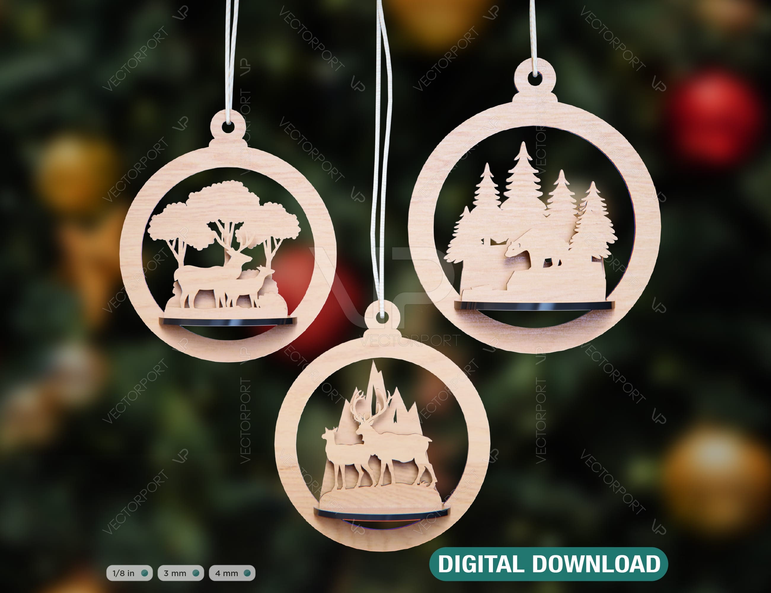 Arbre ours boule de Noël en bois 3D découpé au laser boule de Noël ornement design rond ensemble décorations d'arbre découpé au laser SVG Cricut numérique téléchargement | #088 |