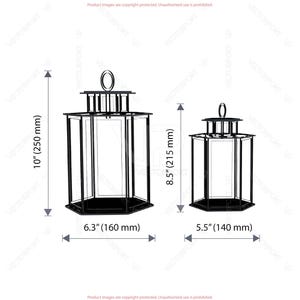 May include: Two black metal lanterns. The larger lantern is 10 inches (250 mm) tall and 6.3 inches (160 mm) wide. The smaller lantern is 8.5 inches (215 mm) tall and 5.5 inches (140 mm) wide. Both have a hexagonal base and a handle.