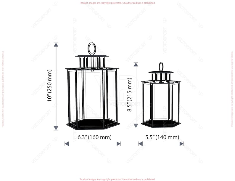 May include: Two black metal lanterns. The larger lantern is 10 inches (250 mm) tall and 6.3 inches (160 mm) wide. The smaller lantern is 8.5 inches (215 mm) tall and 5.5 inches (140 mm) wide. Both have a hexagonal base and a handle.