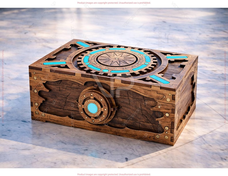 K&ouml;nnte beinhalten: Eine Holzkiste mit aufwendigen Schnitzereien und einem Himmelsdesign. Die Kiste hat ein kreisf&ouml;rmiges Design auf dem Deckel mit einem Stern in der Mitte und t&uuml;rkisfarbenen Akzenten. Die Kiste ist rechteckig.