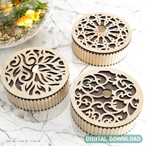 Boîte cadeau en bois de forme ronde, bijoux découpés au laser, modèle de boîte, histoire d'amour de mariage, téléchargement numérique | SVG, DXF |#175|