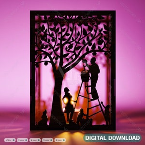 May include: A black silhouette of a family picking apples from a tree. The father is on a ladder, the mother is standing under the tree, and two children are sitting on the ground. The image is a digital download.