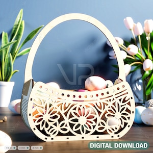 Archivos SVG de cesta de Pascua y cuenco de huevos: diversión cortada con láser para las fiestas, decoración encantadora de Pascua, descarga digital de cesta de madera /#398/