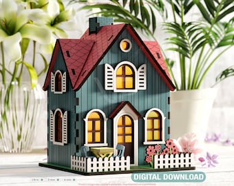 May include: A teal blue wooden house with a red roof and white picket fence. The house has windows with yellow lights and a white door. There are flowers in front of the house.