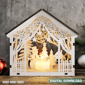 Lanterna del paese delle meraviglie invernale – Scena di foresta accogliente Casa in miniatura innevata – Scena di Capodanno a forma di tenda Taglio laser Download digitale /#505/