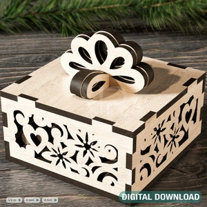 Linda caja de regalo con cinta decorativa madera corte láser caja de joyería boda amor anillo caja vector modelo Descarga digital /#149/