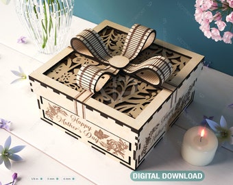Personalized Wooden Gift Box with Engraved Design and Ribbon Closure, Wooden Opener engraved Card Case Favor Box Digital Downloads |#404|