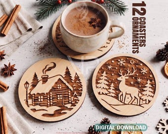 Christmas Engrave SVG 12 Winter Village Ornaments and Wood Coasters Digital Download |#734|
