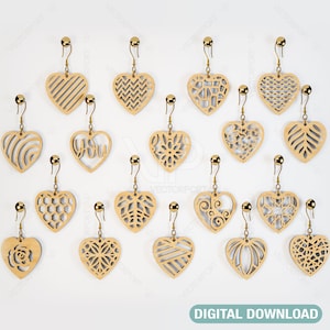 May include: Set of 16 laser cut wooden heart earrings with various patterns and designs. The earrings are all gold in color and have a heart shape. The patterns include geometric shapes, floral designs, and the word "You".