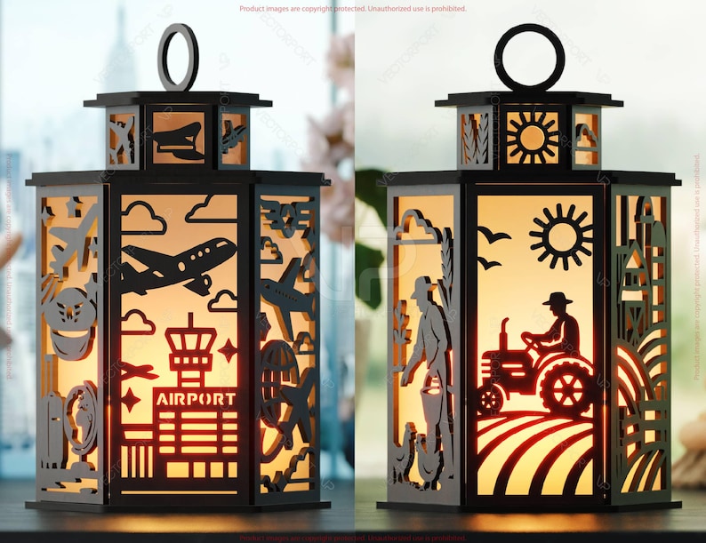 May include: Two black metal lanterns with cut-out designs. One features an airport scene with airplanes and the word "AIRPORT." The other depicts a farmer on a tractor and a rural landscape. Both have a warm, glowing interior.