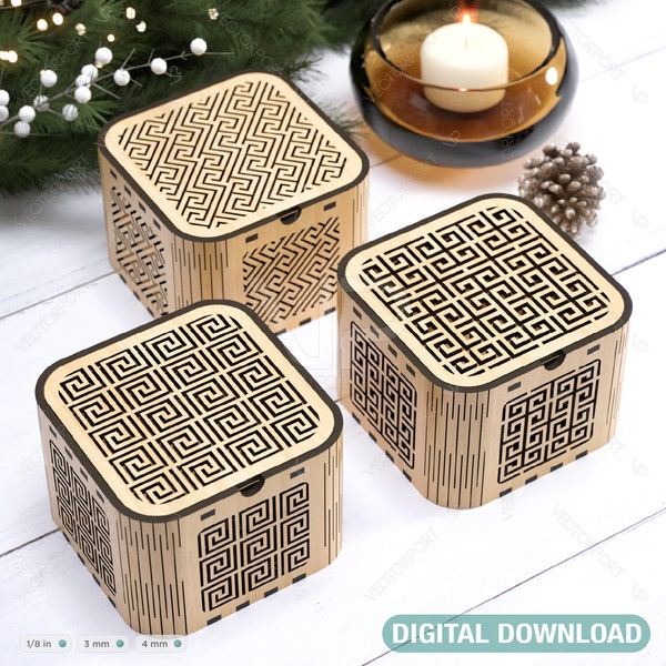 Decorative Wooden Gift Box laser cut jeweler case Wedding Love vector model Greek Key Pattern Digital Download |#294|