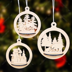 Boule de Noël boule de Noël découpée au laser 3D en bois rond, décorations d'arbre découpées au laser SVG Téléchargement numérique |#086|