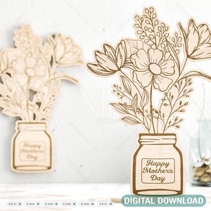 Flores em vaso personalizadas para a mãe, plano SVG com corte a laser para presente do dia das mães, gravura personalizável, presente faça você mesmo, download digital |#202|