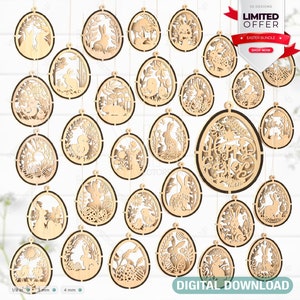 Mega Lote Elegancia de Pascua, Set SVG de Adornos Colgantes de Huevo y Conejo en Capas, Adornos Colgantes de Huevo Cortados con Láser, Descarga Digital /#368/