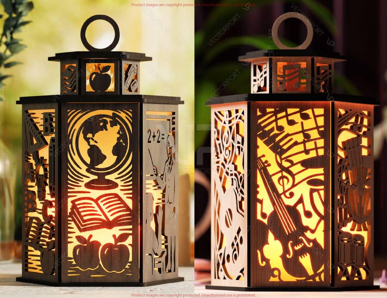 May include: A wooden lantern with intricate cut-out designs. One side features a globe, book, and apples, while the other showcases musical notes and instruments. The lantern has a ring handle and is illuminated from within.