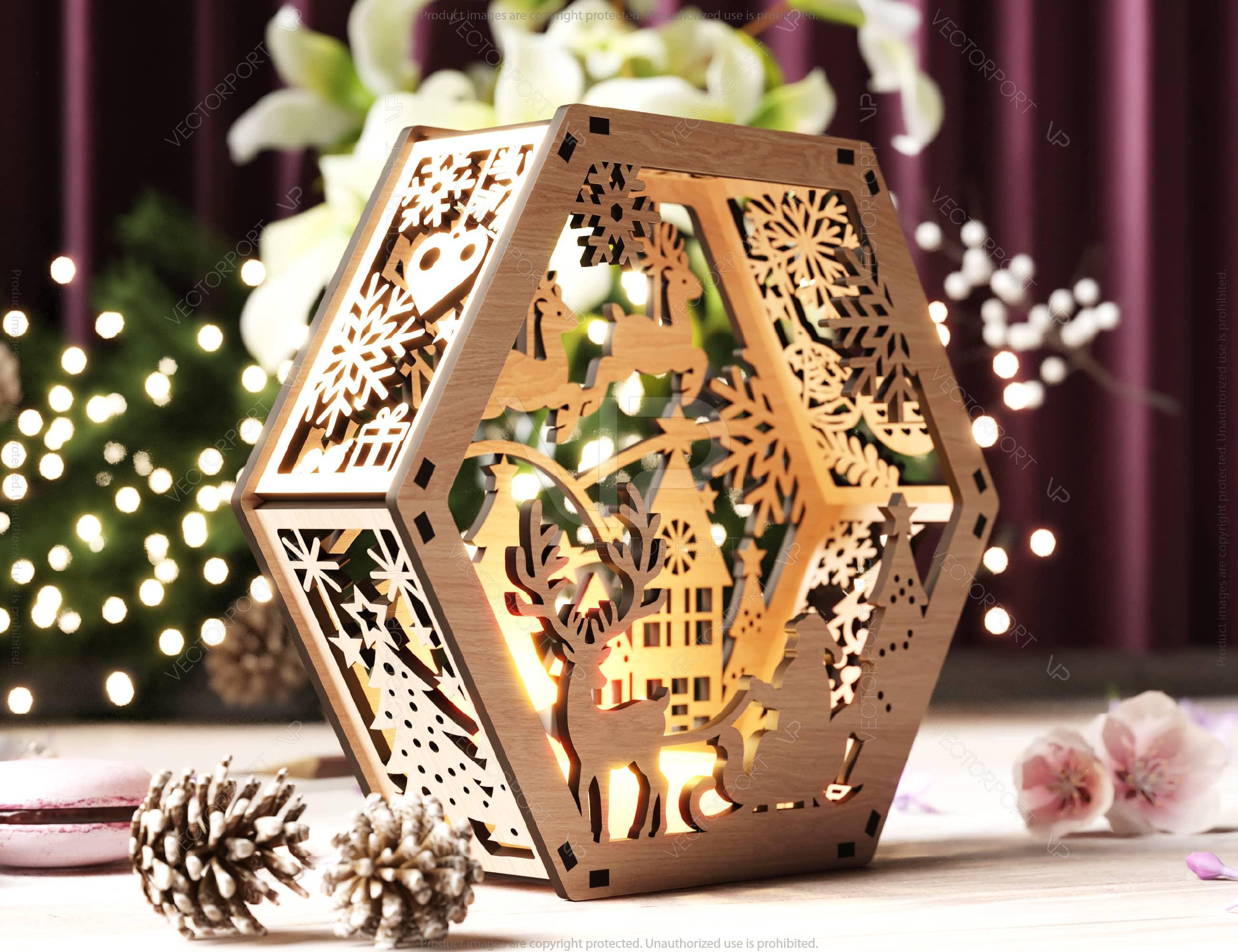 Hexagon Laser Cut Lamp Snowy Scene Christmas Lantern Candle Holder