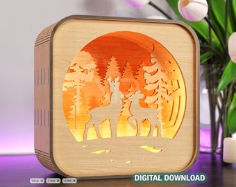 Wooden Led Night Lamp Deer Forest Scene Multilayer Shadowbox Laser Cut Lampshade Table Lamp Digital Download |#110|