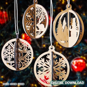 Año Nuevo 2023 Adorno de árbol de madera 3D cortado con láser Adorno de bola de Navidad Conjunto redondo Decoraciones para árboles cortado con láser SVG Descarga digital /#136/