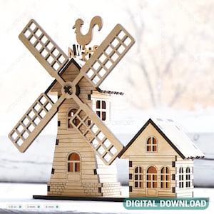 Bezaubernde Gartenszene: Miniatur Windmühle und Landhaus Laser Schneiden Digital Download |#417|