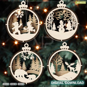 Snowman Theme 3D Christmas Ornament Set Tree Decorations Craft Hanging Bauble Snowy Scene New Year Holiday Laser Cut Digital Download |#442|