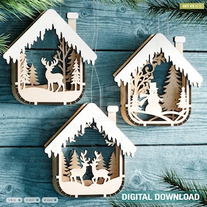 Conjunto de enfeites de natal 3D com tema de ano novo em formato de casa, decorações para árvores, artesanato, enfeites pendurados, cenário de neve, corte a laser, download digital |#515|