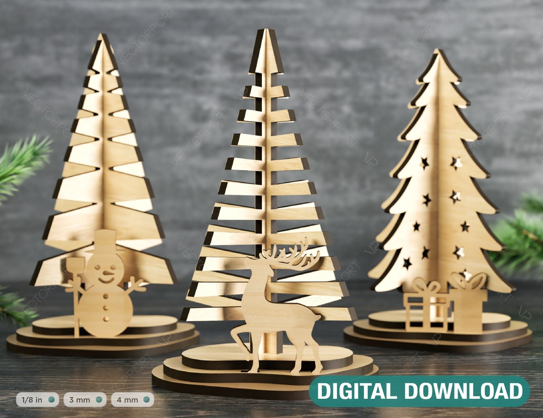 Standing Christmas Trees With Deer Gifts and Snowman Laser Cut Files