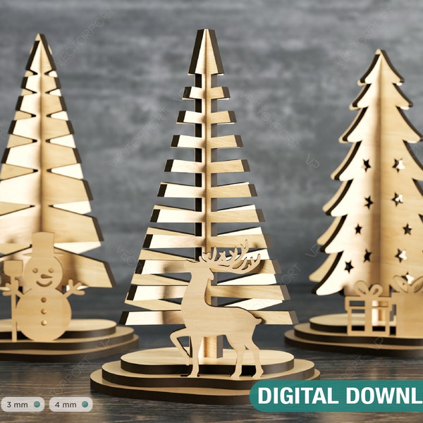 Standing Christmas Trees with Deer Gifts and Snowman Laser cut files Digital Download | SVG |#254|