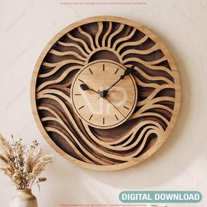 May include: A round wooden wall clock with a sun and wave design. The clock face is light brown with black hands and hour markers. The outer frame features a layered design with a sunburst pattern. The words "DIGITAL DOWNLOAD" are at the bottom.