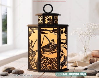 Fisherman's Lake Lantern SVG | Fishing Silhouette Candle Holder Digital Download |#731|