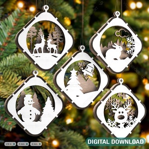 Boules de Noël Décorations d'arbre Artisanat Boule suspendue Scène enneigée Cerf Décoration du Nouvel An Découpée au laser Téléchargement numérique | #297|