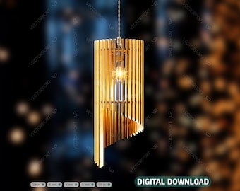 May include: A gold-colored metal pendant light fixture with a spiral design. The light fixture is made of thin, vertical slats that are arranged in a spiral pattern. The light fixture is hanging from a chain.